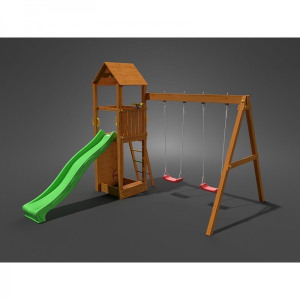FLAPPI дървена детска площадка с пързалка и 2 люлки