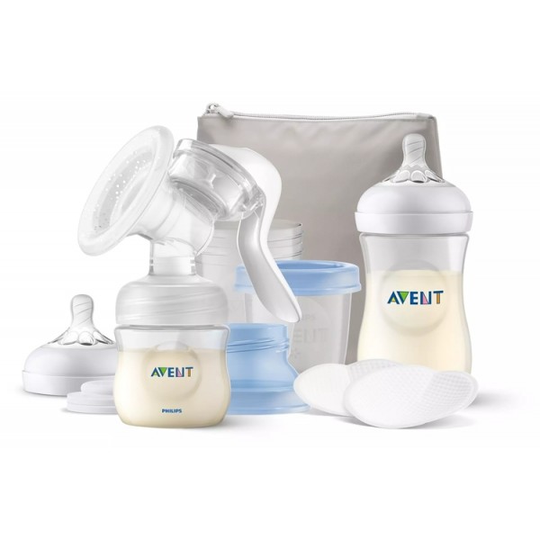 Philips AVENT Комплект Ръчна помпа за изцеждане на кърма Natural Motion с контейнери VIA, шишета за хранене Natural, несесер